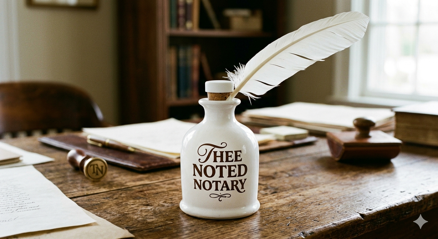 Thee Noted Notary - Quill pen in ink bottle on a notary's desk